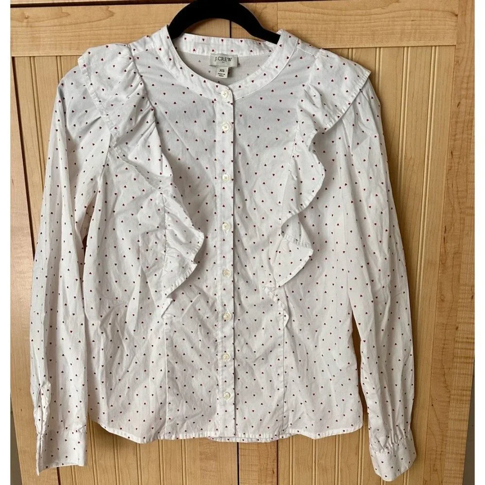 J. Crew WOMEN'S SIZE XS Hearts Print Cotton Poplin Ruffle Top